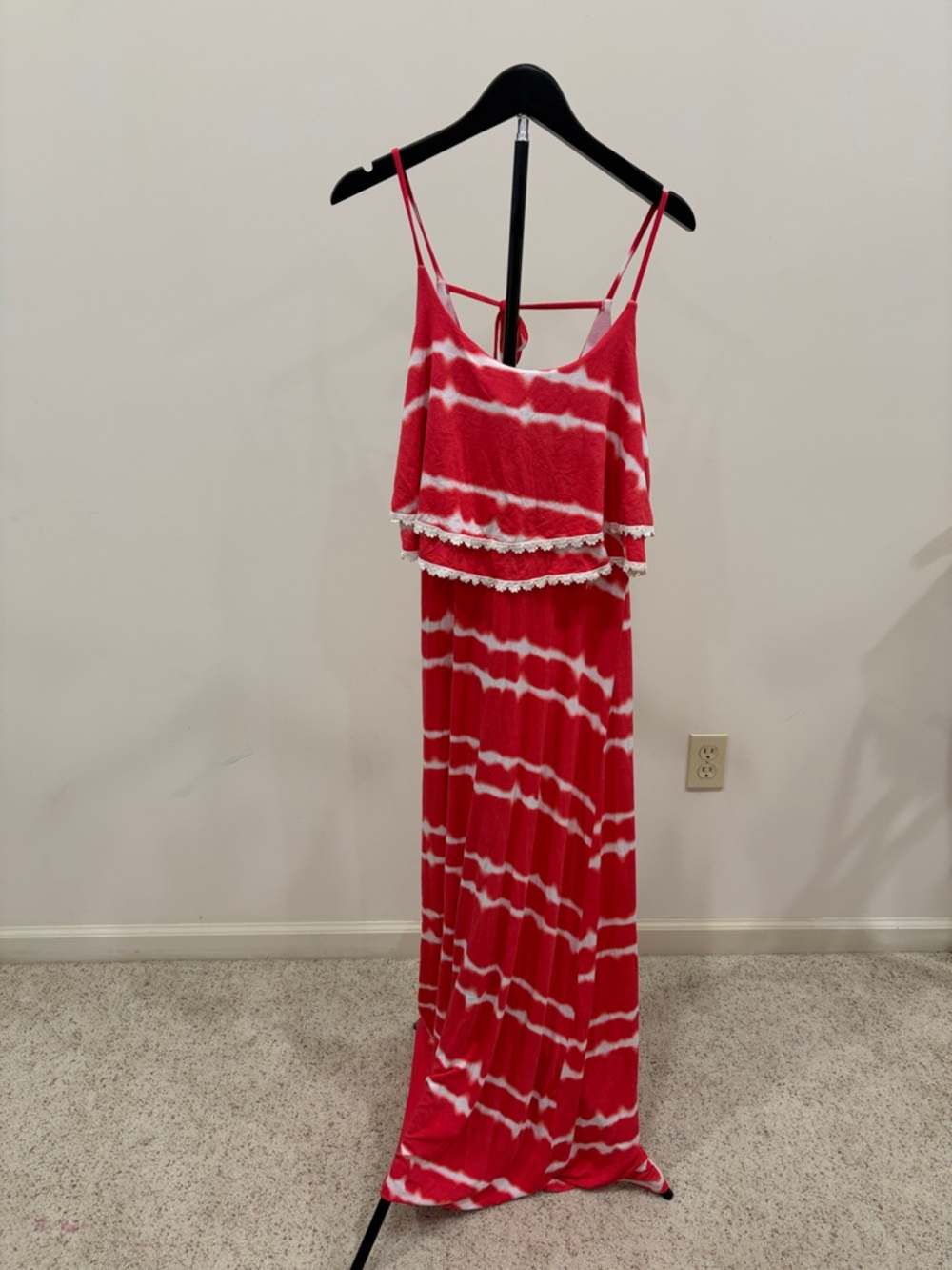 Pink and White Tie-Dye Maxi Dress with Lace Trim